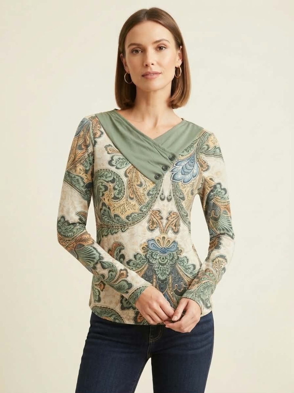 Small Green & Multi Paisley Print Asymmetrical Neck Long Sleeve Shirt